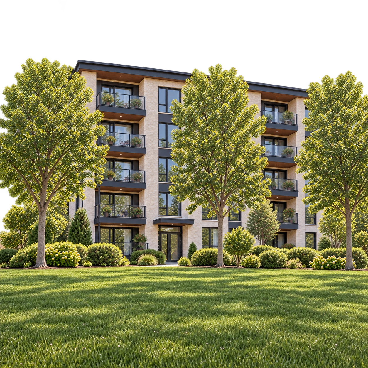 Immeuble résidentiel bordé d’arbres et de pelouse
